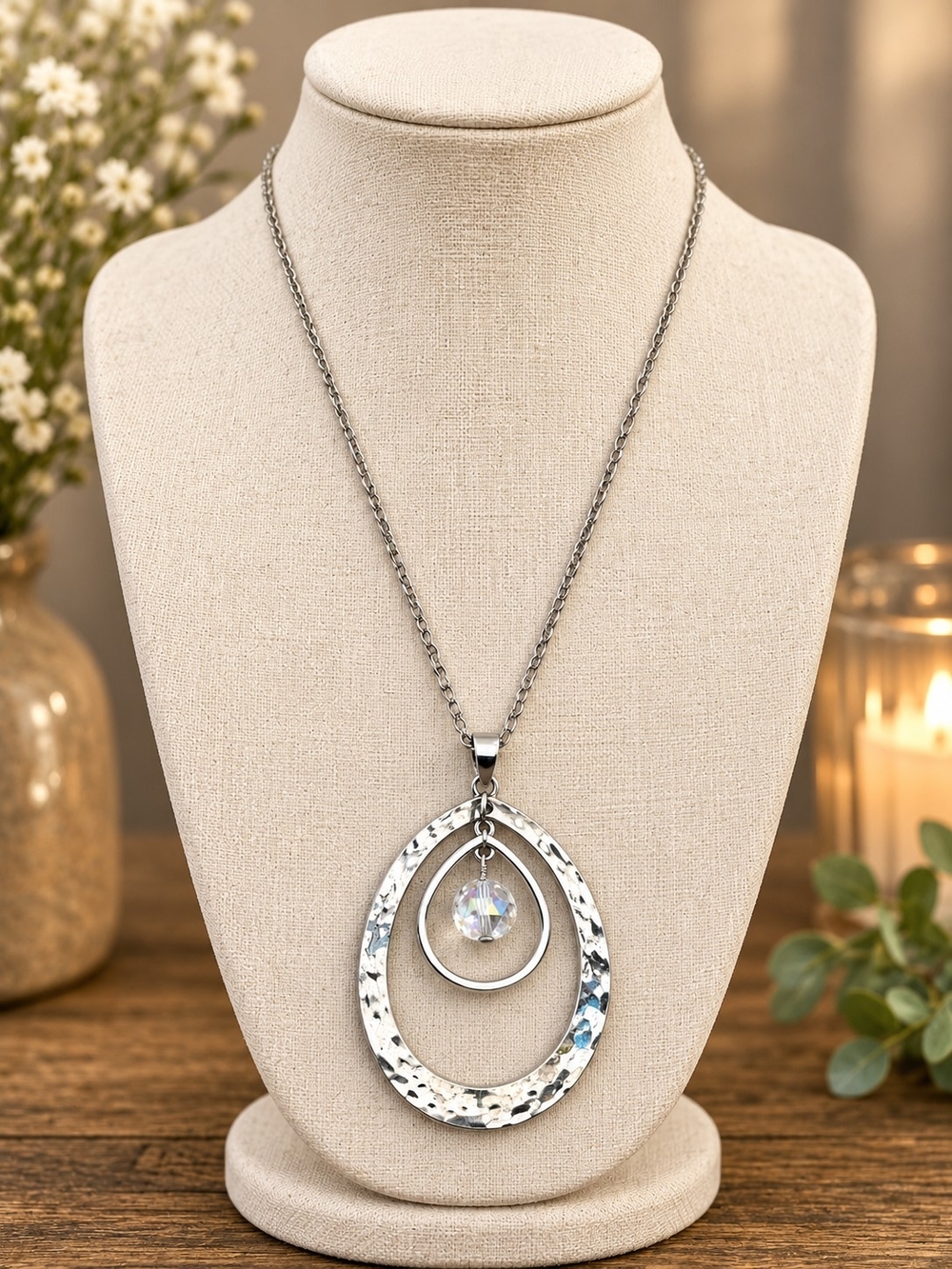 Silver-Tone Double Teardrop Pendant Necklace with Iridescent Crystal